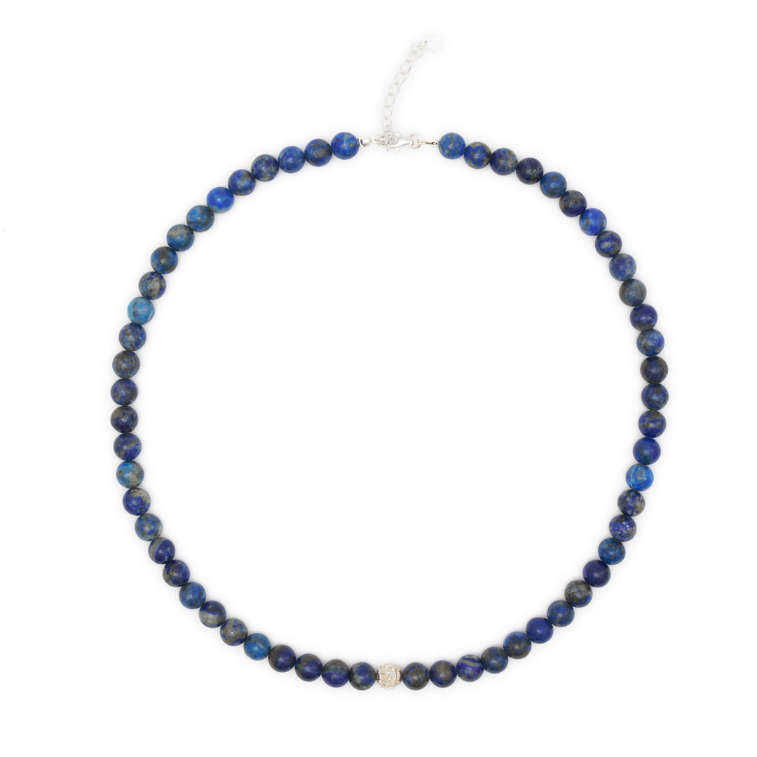 Lapislazuli Naturstein Halskette mit Mantra-Silberperle