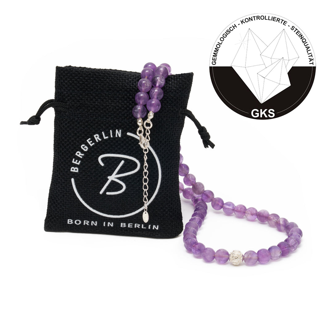 Amethyst Naturstein Halskette mit Mantra-Silberperle