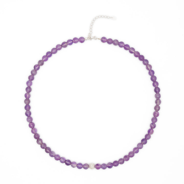 Amethyst Naturstein Halskette mit Mantra-Silberperle