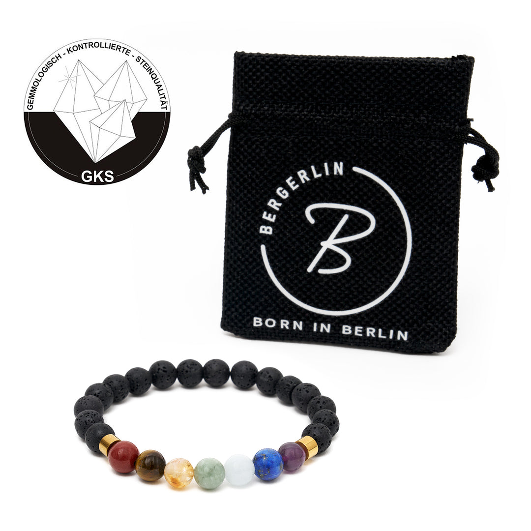 7 Chakra Naturstein Perlen-Armband mit 2 goldenen Spacern