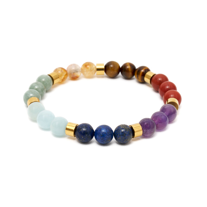 7 Chakra Naturstein Perlen-Armband mit 7 goldenen Spacern