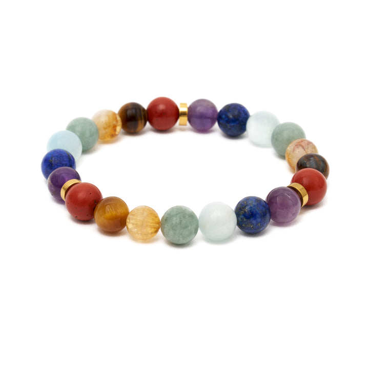 7 Chakra Naturstein Perlen-Armband mit 3 goldenen Spacern