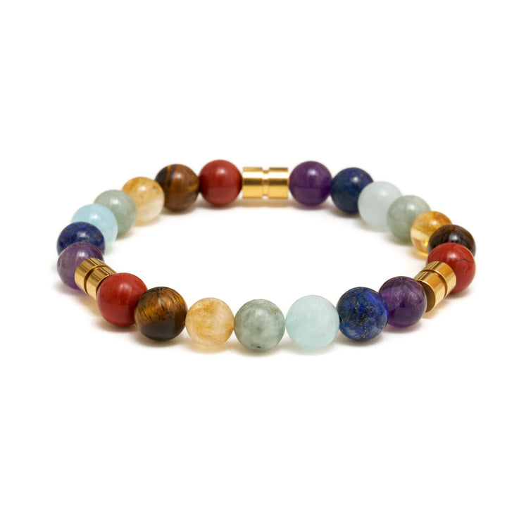 7 Chakra Naturstein Perlen-Armband mit 3 goldenen Spacern