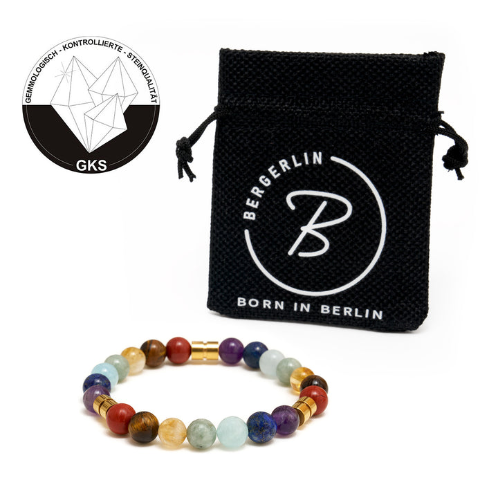 7 Chakra Naturstein Perlen-Armband mit 3 goldenen Spacern