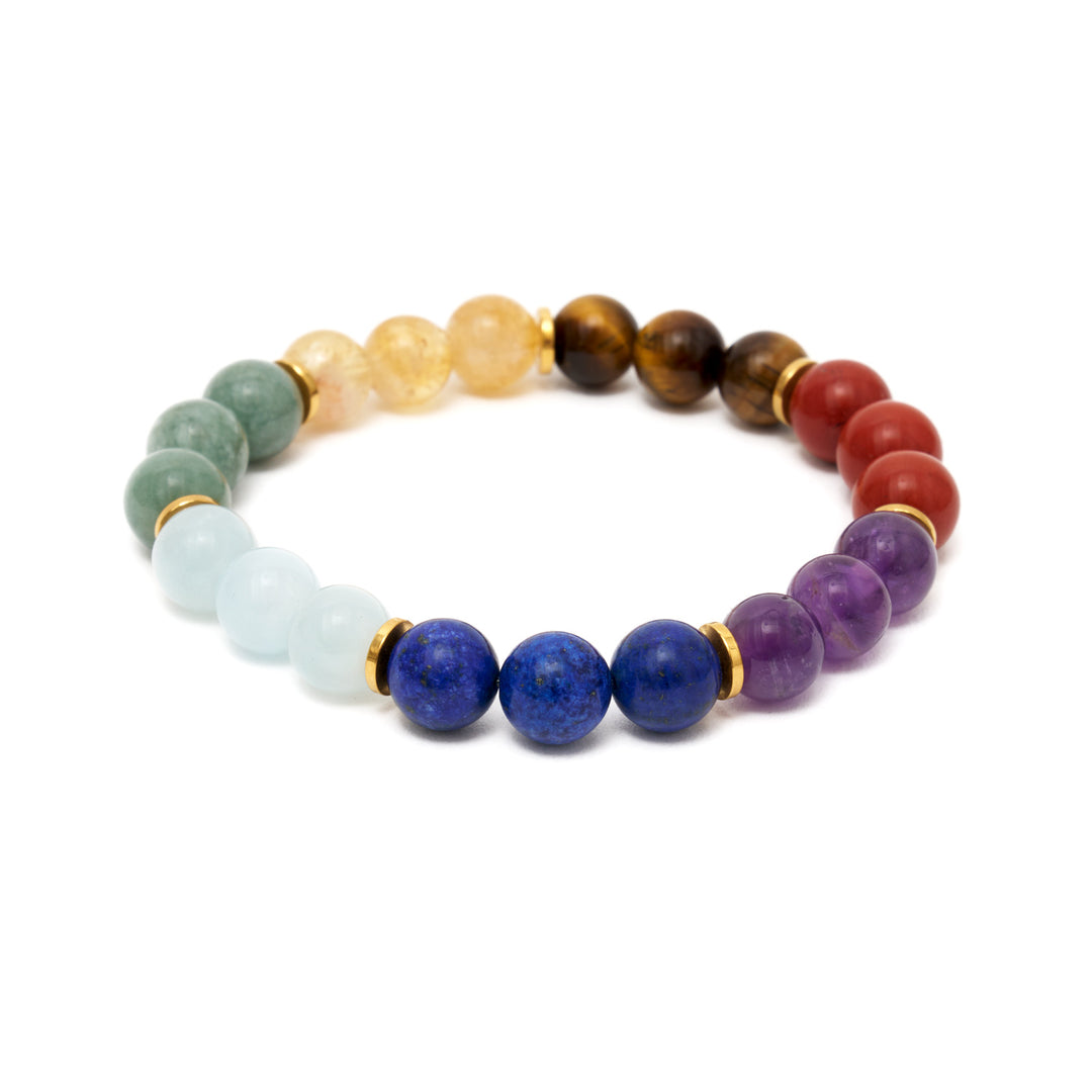 7 Chakra Naturstein Perlen-Armband mit 7 goldenen Spacern