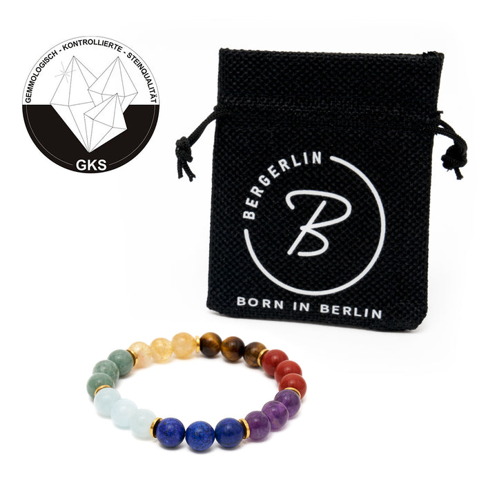 7 Chakra Naturstein Perlen-Armband mit 7 goldenen Spacern